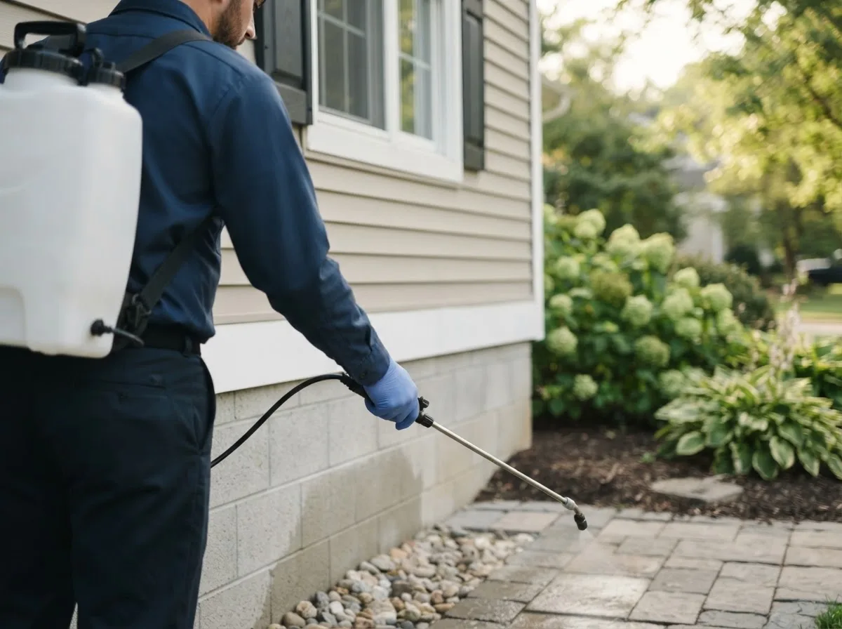 Pest control technician inspecting a home in Thurman, IA